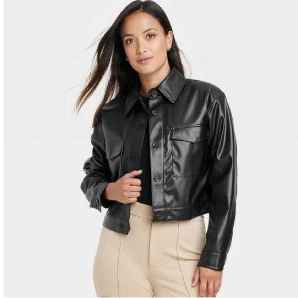 A New Day Womens Black Faux Leather Moto Button Down Jacket Pockets Cropped